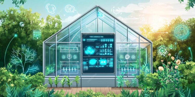 An illustration of an automated greenhouse controlled by IoT technology ...